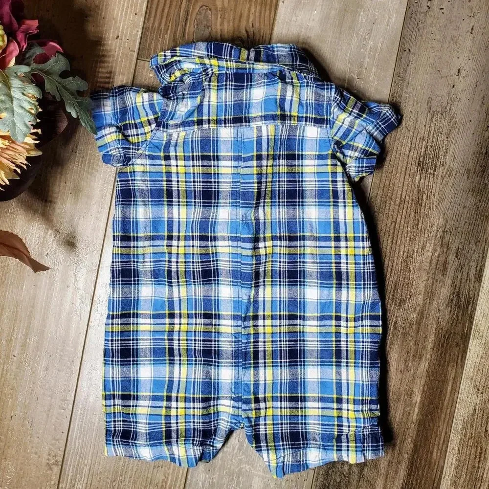 Carter's Baby Boy Size 6m Blue Yellow Plaid Romper Shortall 100% Cotton EUC